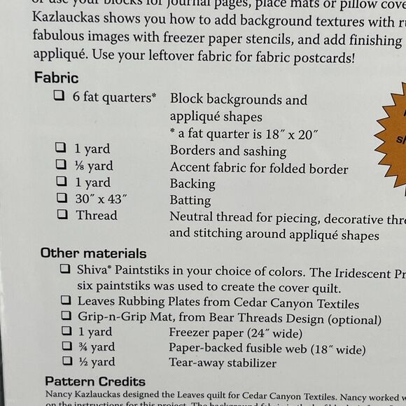 Leaves Applique Quilt Pattern 27" x 40" by Cedar Canyon Nancy Kazlauckas OCT501 - Picture 5 of 7